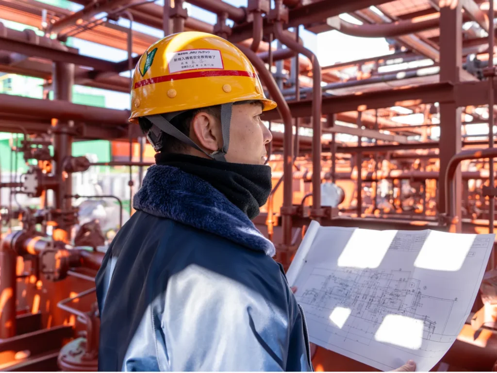 屋外で図面を見ている様子